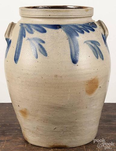 Pennsylvania five-gallon stoneware crock, 19th c., with cobalt floral spray, 15 1/4'' h.