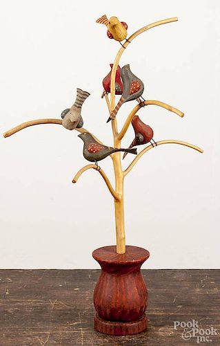 Carved and painted bird tree, signed A. Kohr 1991, 21 1/2'' h.