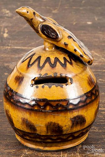 Greg Shooner redware bank with a bird finial, dated 2003, 5 1/4'' h.