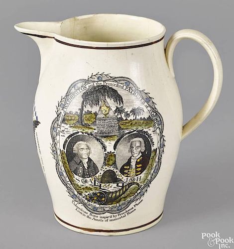 English Liverpool pitcher, dated 1802, the front with an American eagle flanked by a memorial of