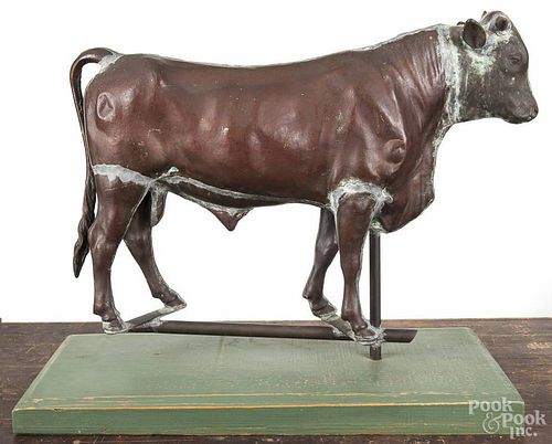 Copper full body bull weathervane, 20th c., with cast iron head, 19'' h.