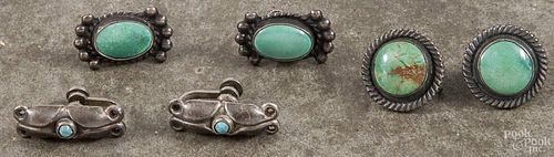 Three pair of silver and turquoise earrings.