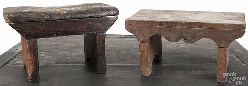 Primitive pine mortised foot stool, 19th c., 7'' h., 11 3/4'' w., together with a walnut foot stool, 6
