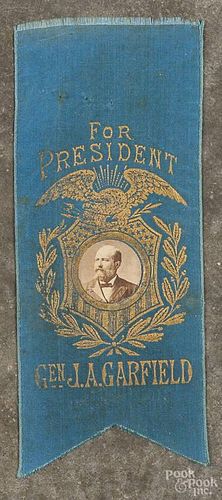 Gen. James A. Garfield presidential ribbon, ca. 1880, with a central portrait, 6 1/4'' l., 2 3/4'' w.