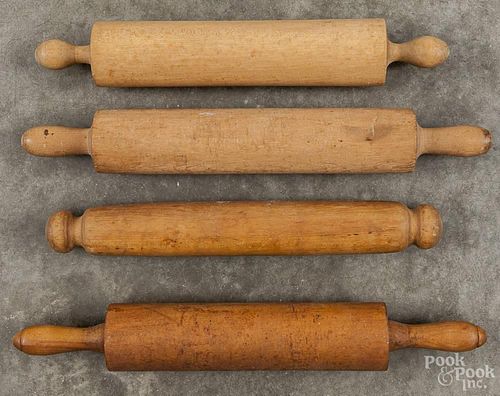 Four wooden rolling pins, ca. 1900, largest - 18'' l.