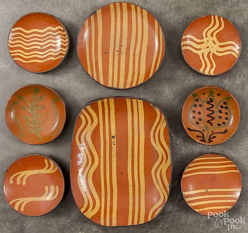 Seven Greg Shooner redware plates, signed and dated 1995 and 2004, largest - 8 1/2'' dia., togeth