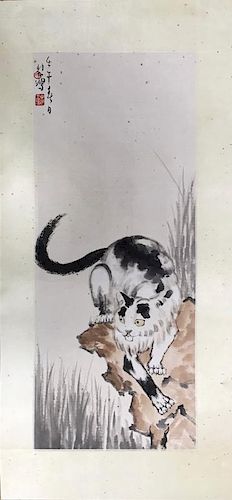 Chinese Ink/Color Painting of a Cat,Signed