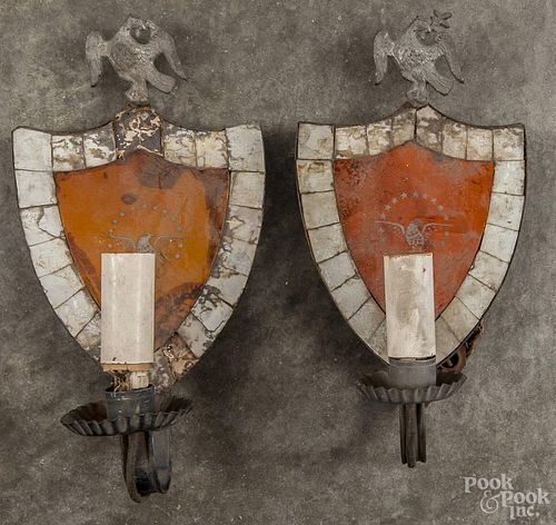 Pair of mirrored sconces with eagle finials, early 20th c., 13 1/4'' h.