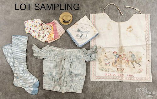 Large group of miscellaneous fabrics, 19th/20th c., to include a Victorian printed bib, hankies, a d