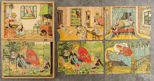 Paper litho over wood puzzle blocks, ca. 1900, in their original box, 10 3/4'' w.