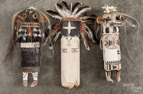 Three carved and painted Kachina dolls, approx - 12'' h.