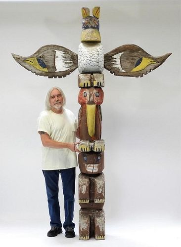 American Folk Art Carved Wood Whimsical Totem Pole