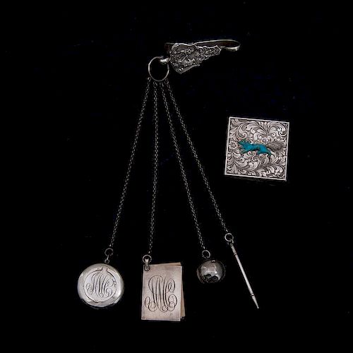 Dutch Sterling Chatelaine Clip with American Accessories, Plus, Lot of Three