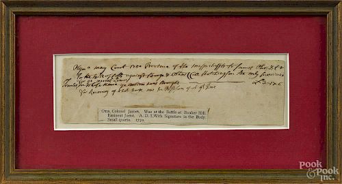 Colonel James Otis signed letter, dated 1750, addressing action brought in a court case, 2 1/4'' x