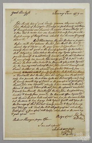 Andrew Hershey signed judgment, York County, Pennsylvania, dated 12th April 1779, in regards to mo