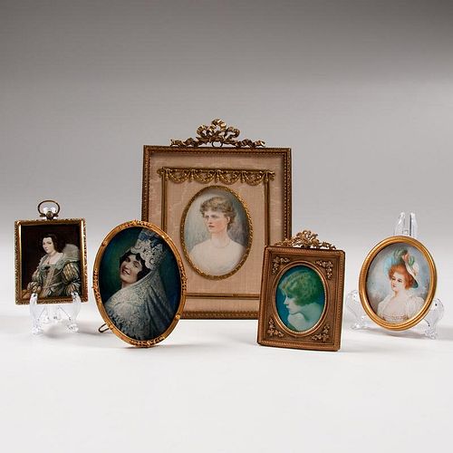 Continental Miniature Portraits on Ivory of Women, Lot of Five