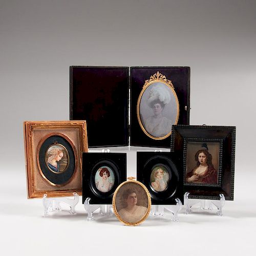 Continental Miniature Portraits on Ivory of Women, Lot of Six
