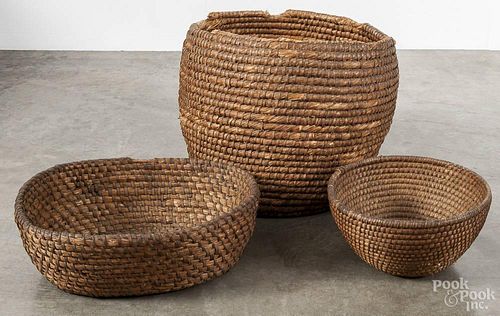 Three Pennsylvania rye straw baskets, 19th c., largest - 17 1/2'' h., 20'' w.