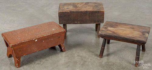 Three primitive wooden foot stools, 19th c., the painted example - 6 1/2'' h., 14'' w.