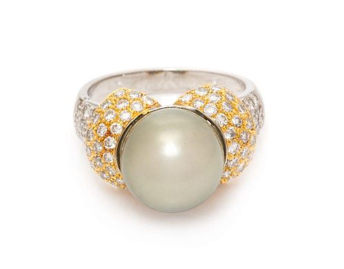 An 18 Karat Bicolor Gold, Cultured Tahitian Pearl and Diamond Ring, 5.20 dwts.