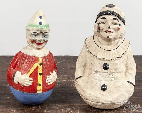 Composition clown roly poly, ca. 1930, 8'' h., together with an egg crate clown, 8 1/2'' h.
