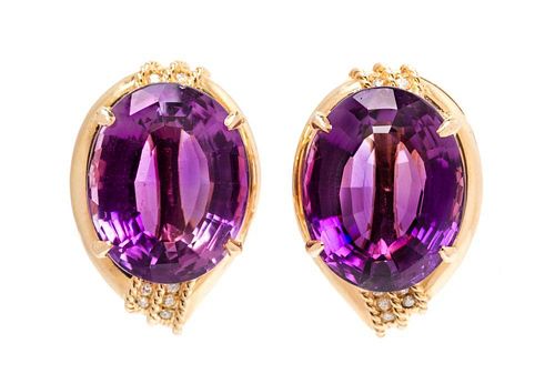 A Pair of 14 Karat Yellow Gold, Amethyst and Diamond Earclips, 16.40 dwts.