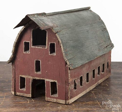 Painted pine toy barn, early 20th c., made from packing boxes, 8 1/2'' h., 14 1/2'' w.