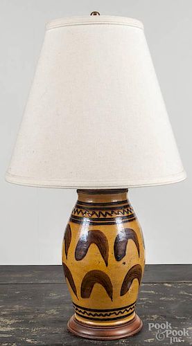 Greg Shooner redware table lamp, dated 2001, 25'' h.