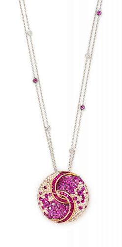 An 18 Karat Bicolor Gold, Ruby, Pink Sapphire and Diamond Pendant Necklace, 15.70 dwts.