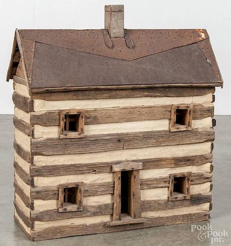 Contemporary model of a log cabin, signed D. Johnson, Washington County Md., 21'' h., 19'' w.