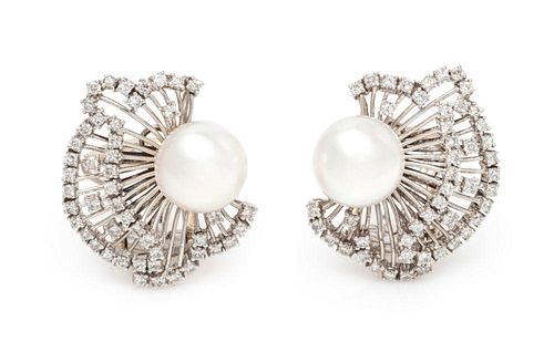 A Pair of 18 Karat White Gold, Cultured South Sea Pearl and Diamond Earclips, 14.50 dwts.