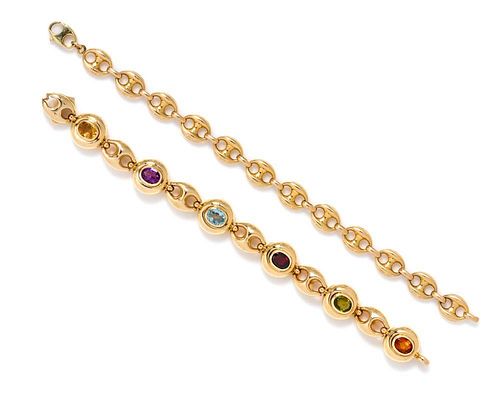 A Collection of 14 Karat Yellow Gold and Multigem Bracelets, 25.00 dwts.
