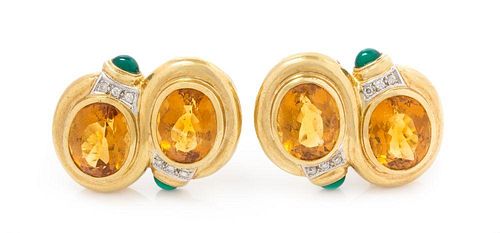 A Pair of 18 Karat Yellow Gold, Citrine, Diamond and Green Chalcedony Earclips, 17.60 dwts.