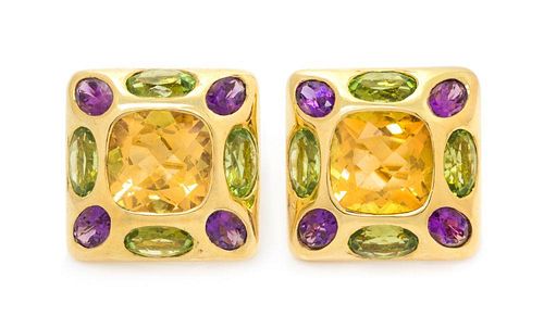 A Pair of 18 Karat Yellow Gold, Citrine, Amethyst and Peridot Earclips, 13.50 dwts.