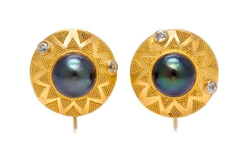 A Pair of High Karat Gold, Cultured Pearl and Diamond Earclips, 8.20 dwts.