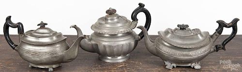 Three pewter teapots, 19th c., one stamped Armitages & Standish, tallest - 6''.
