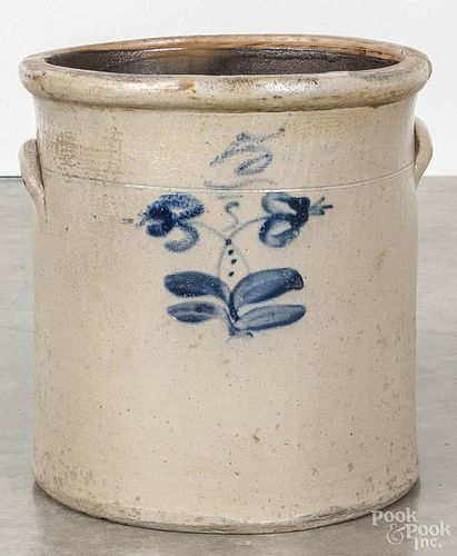 Pennsylvania five-gallon stoneware crock, 19th c., with cobalt flower decoration, 12 1/2'' h.
