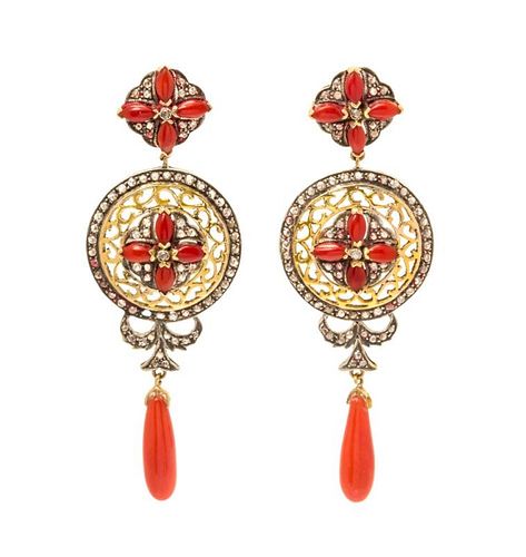 A Pair of Silver Topped Gold, Coral and Diamond Pendant Earrings, 12.80 dwts.