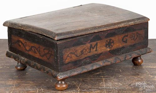 Continental painted Bible box, late 18th c., with tulip decoration, 6'' h., 13'' w.