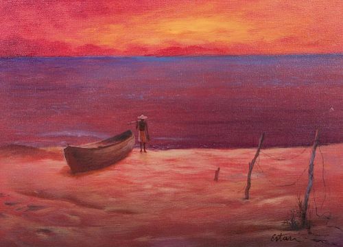 Artist Unknown, (20th century), Fisherman Standing Ashore with Boat at Sunset