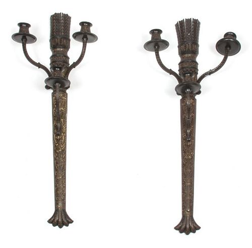 A Pair of Metal Three-Light Sconces Height 34 inches.