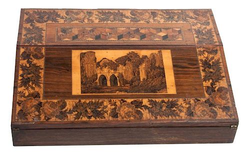 An English Turnbridge Decorated Lap Desk Height 3 x width 14 x depth 10 3/4 inches.