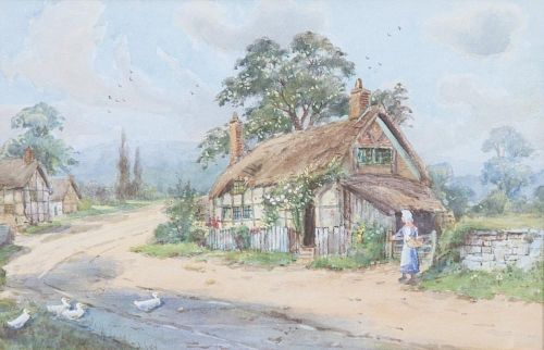 Cecil Bradley, (Late 19th/early 20th century), Two works: Cottage with Figures and Cottage