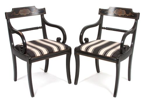 A Pair of Regency Style Painted Armchairs Height 34 inches.