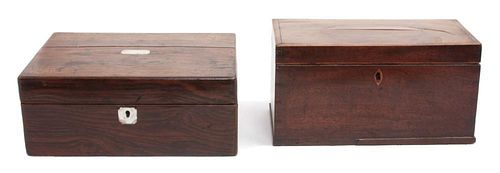 Two English Tea Caddies Height of larger 6 x width 11 1/2 x depth 5 1/2 inches.
