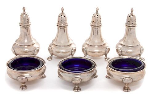 Three American Silver Salt Cellars and Four Casters, Richard M. Woods & Co., New York, NY, cellars set with glass cobalt line