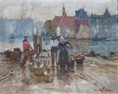 Artist Unknown, (Late 19th/early 20th century), Dutch Wharf Scene with Figures