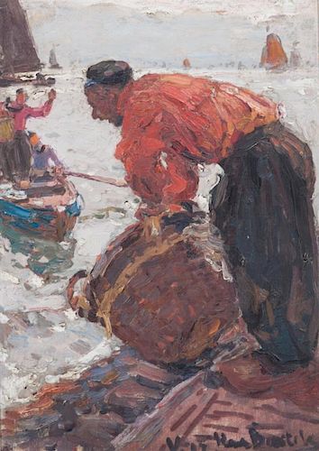 * Hans von Bartels  (German, 1856-1913), Fisherman on Shore Calling to Rowboat