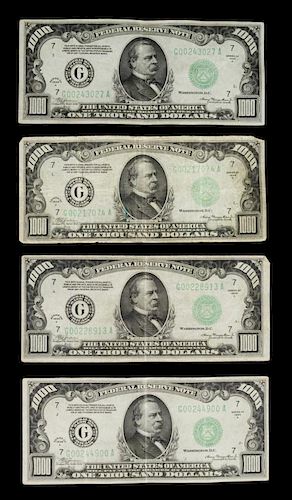 A Collection of Four United States 1934A-G $1,000 Federal Reserve Notes