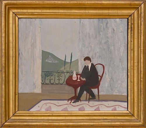 20TH CENTURY SCHOOL: FIGURE SEATED AT RED TABLE